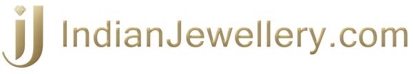 IndianJewellery.com logo — diamond emblem with antique/champagne metallic finish; Indian Jewellery by Wedding Bazaar