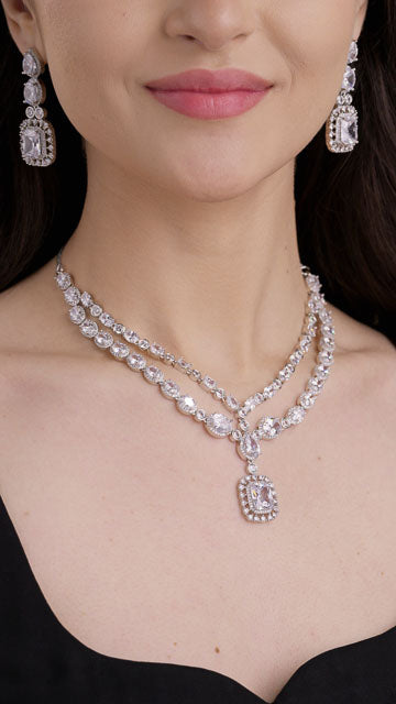 American Diamond Necklace Set in Silver Tone - Double Row Framed Pendant video poster
