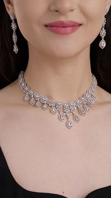 American Diamond Necklace Set in Silver Tone - Oval Row Pearfall video poster