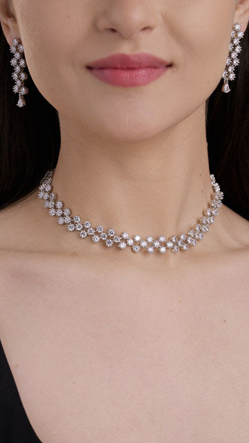American Diamond Choker Necklace Set in Silver Tone - Crosslinked Cluster Choker video poster