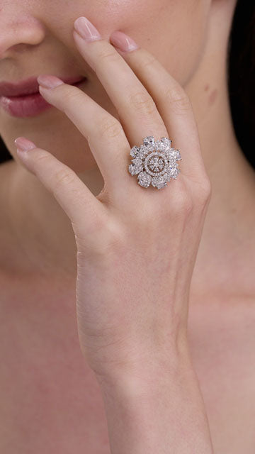 American Diamond Ring in Silver Tone - Petal Edge Halo video poster