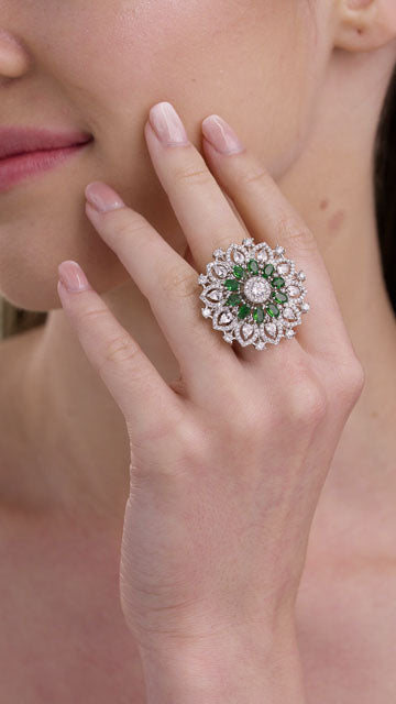 American Diamond Ring in Silver Tone - Cutout Bloom Frame video poster