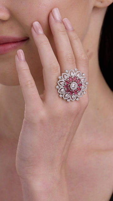 American Diamond Ring in Silver Tone - Cutout Bloom Frame video poster