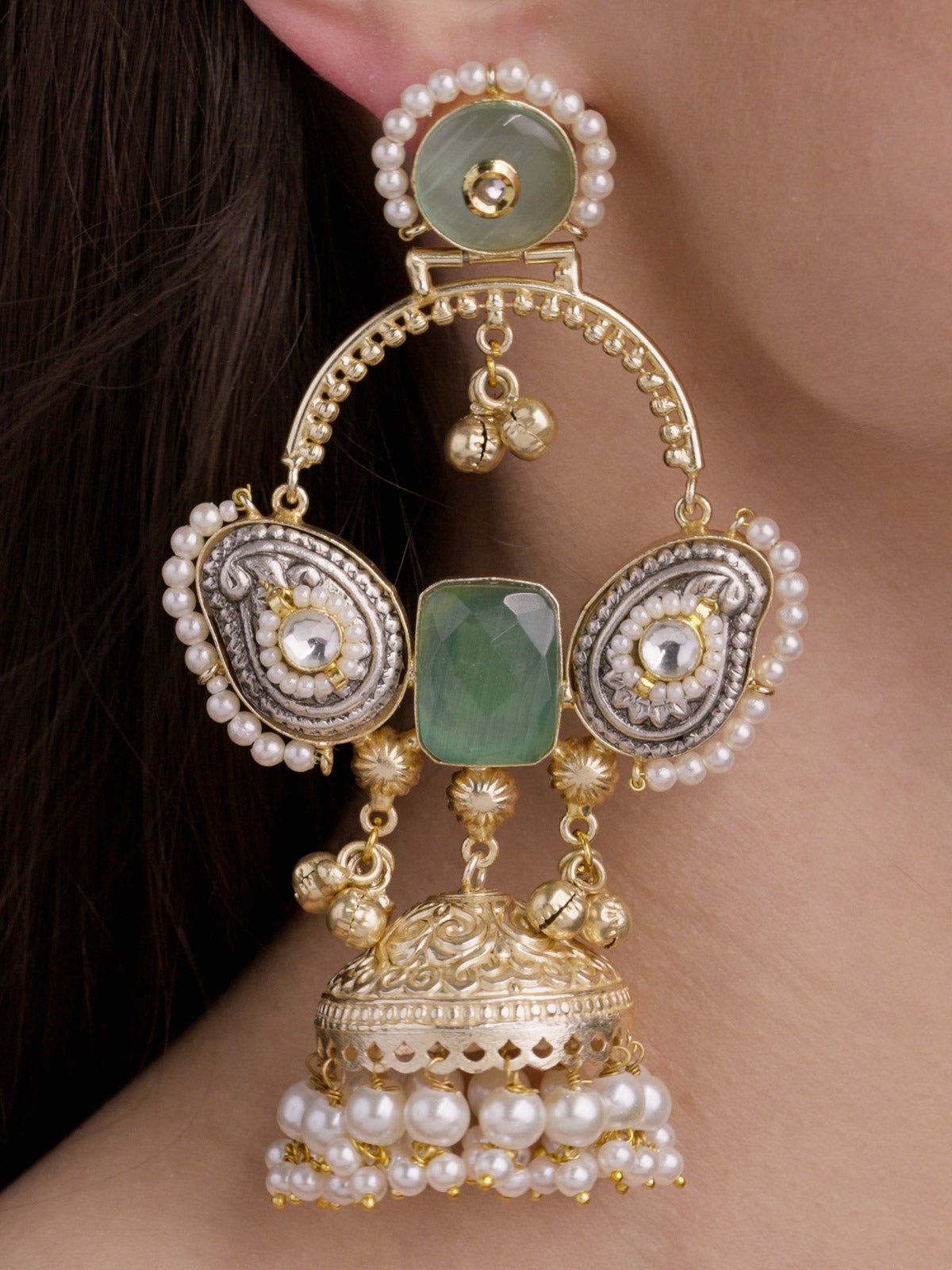 Fusion jhumka earrings in multi tone with mint stone centre, silver-tone paisley side panels, pearl borders, ghungroo drops and jhumka dome, detailed close-up model shot