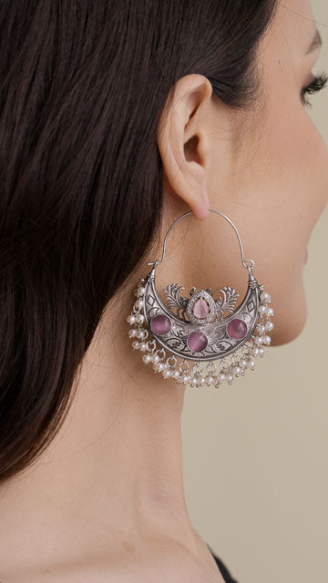 Fusion Earrings in Silver Tone - Peacock Crest Chandbali video poster